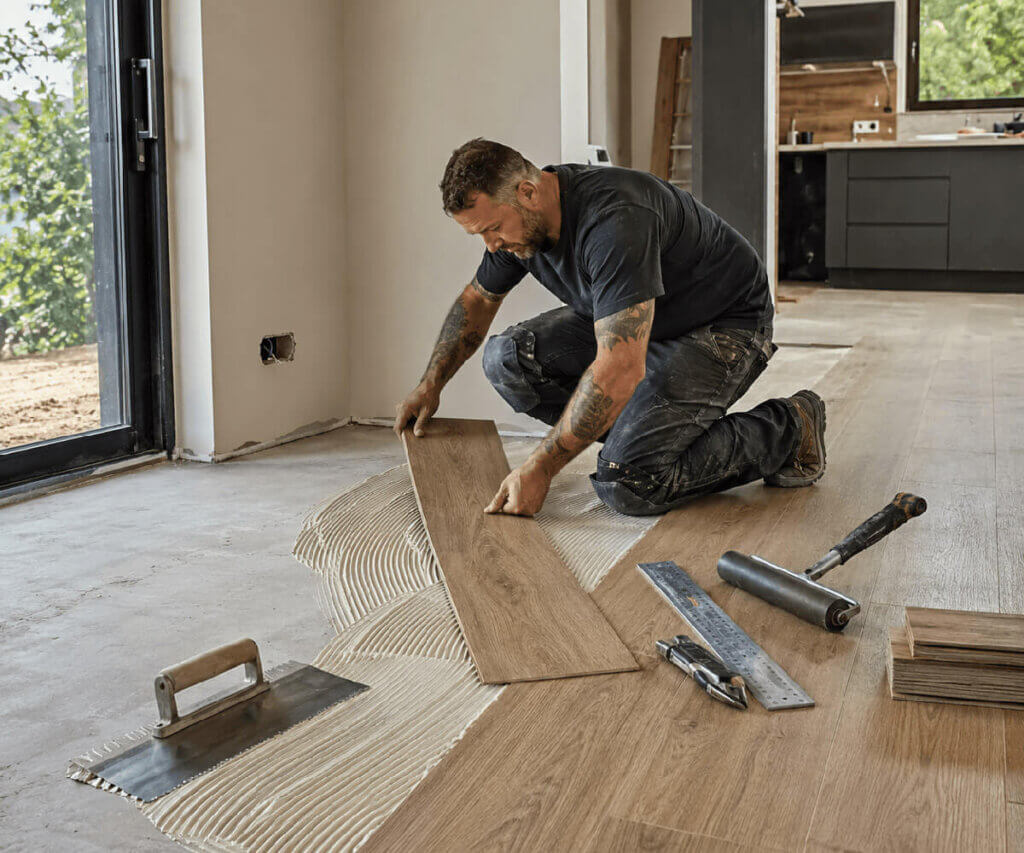 Bodenleger verklebt Vinyldielen auf dem mit Kleber vorbereiteten Estrich