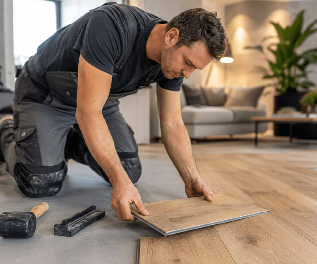 Bodenleger verlegt Klick-Vinyl in Holzoptik in einem Wohnraum