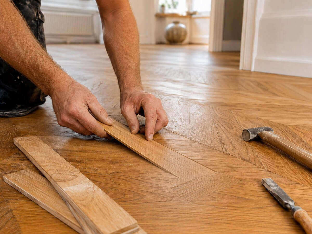 Parkettleger ersetzt einzelne Parkettstäbe mit Hammer und Stecheisen
